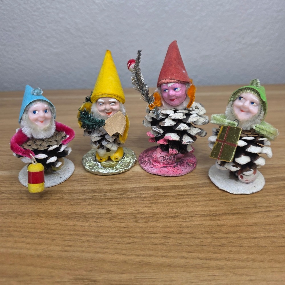 Vtg Pine Cone Gnome Christmas Elves Dwarfs Figures Pipe Cleaners Set of 4 Japan
